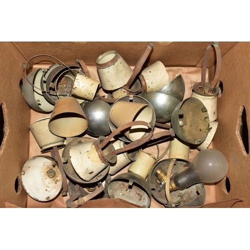 386 - TWO BOXES OF VINTAGE LIGHT FITTINGS AND SHADES, including a pair of corner wall lights (two boxes an... 