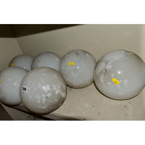 388 - A SET OF SIX OPAQUE WHITE GLASS SPHERICAL CEILING LIGHT SHADES WITH METAL FITTINGS, approximate heig... 