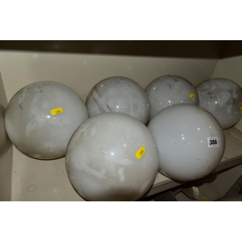 388 - A SET OF SIX OPAQUE WHITE GLASS SPHERICAL CEILING LIGHT SHADES WITH METAL FITTINGS, approximate heig... 