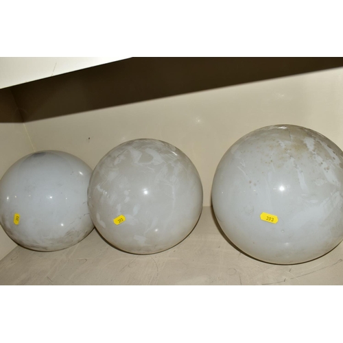 393 - A SET OF FOUR OPAQUE WHITE GLASS SPHERICAL LIGHT SHADES WITH THREE NICKEL PLATED FITTINGS, approxima... 