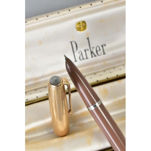 45 - A BOXED PARKER 51 FOUNTAIN PEN in Buckskin Beige with a 1/10 12ct gold filled cap