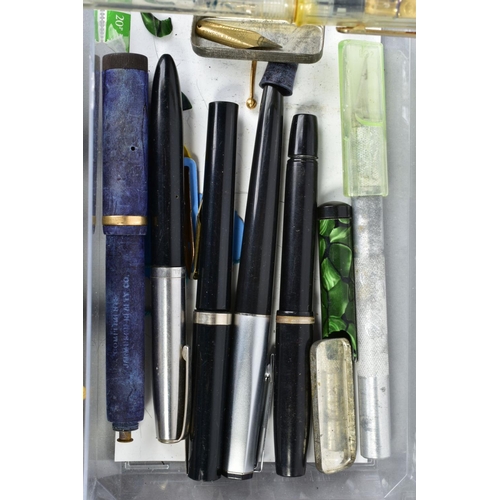 47 - TWO TRAYS AND TWO BOXES OF VINTAGE FOUNTAIN PENS AND PENCILS including a Stypen Demonstrater, four f... 