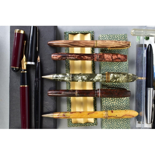 47 - TWO TRAYS AND TWO BOXES OF VINTAGE FOUNTAIN PENS AND PENCILS including a Stypen Demonstrater, four f... 