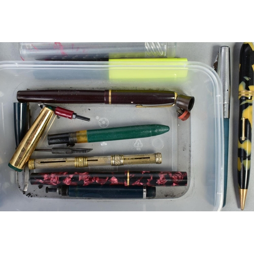 47 - TWO TRAYS AND TWO BOXES OF VINTAGE FOUNTAIN PENS AND PENCILS including a Stypen Demonstrater, four f... 