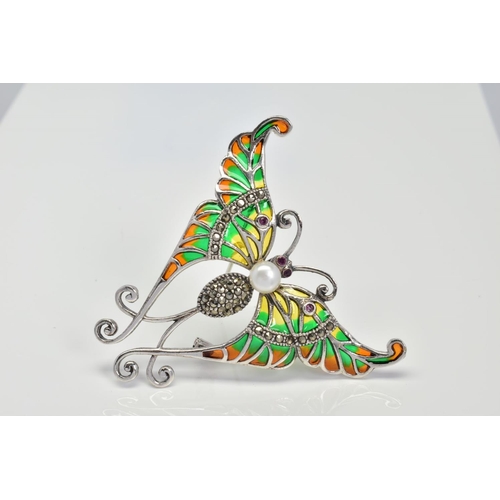 48 - A PLIQUE-A-JOUR BROOCH, of a butterfly design with orange, yellow and green plique-a-jour enamel win... 