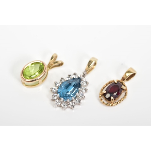 51 - THREE PENDANTS, the first of 9ct gold set with an oval cut garnet within a rope twist surround, with... 