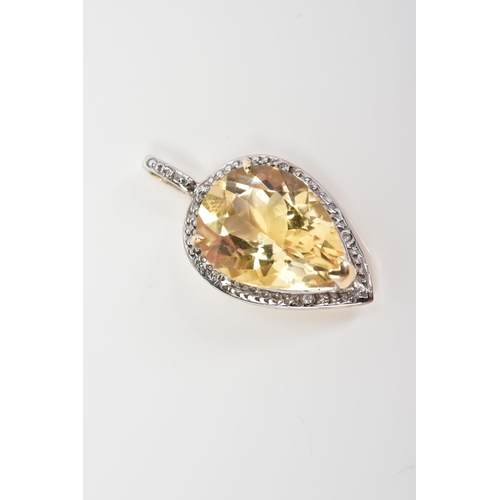 53 - A 9CT GOLD PENDANT, designed with a pear cut citrine within a raised three claw setting and diamond ... 