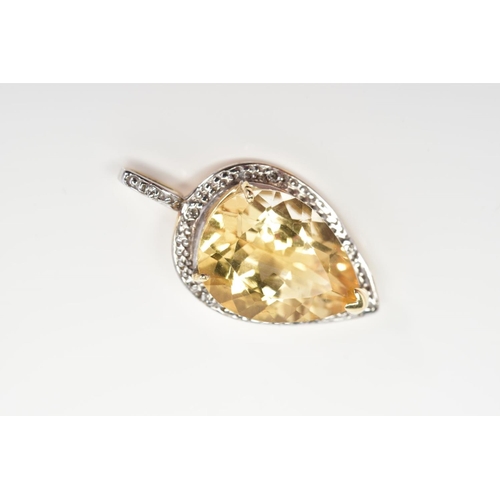 53 - A 9CT GOLD PENDANT, designed with a pear cut citrine within a raised three claw setting and diamond ... 