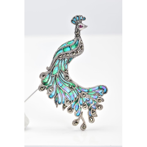 54 - A PLIQUE-A-JOUR BROOCH, designed as a peacock with blue, green and purple plique-a-jour enamel feath... 