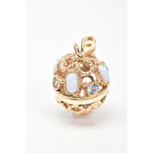 56 - A 9CT GOLD BALL PENDANT, of open work rope twist design set with stones assessed as opals and aquama... 