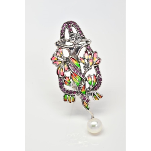 63 - A PLIQUE-A-JOUR BROOCH/PENDANT, designed as a lady with pink, red, yellow and green plique-a-jour fl... 