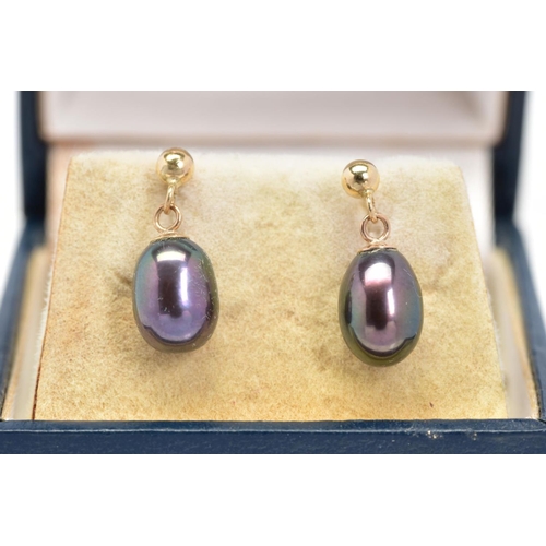 66 - A PAIR OF CULTURED PEARL EARRINGS, each suspending a dyed black cultured pearl with post and scroll ... 