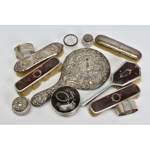 73 - A SMALL BOX OF DRESSING TABLE ACCESSORIES, to include a pair of silver and tortoiseshell panel brush... 