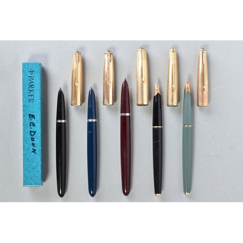 8 - FIVE PARKER FOUNTAIN PENS WITH ROLLED GOLD CAPS these include three '51' in burgundy, blue and a bla... 