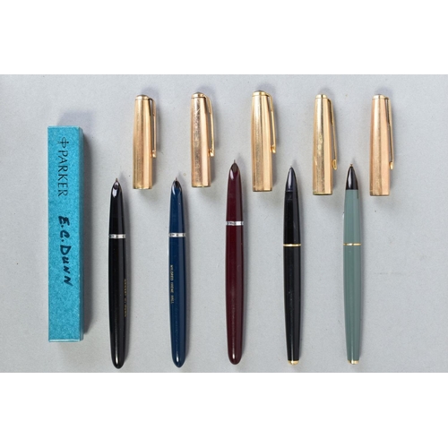 8 - FIVE PARKER FOUNTAIN PENS WITH ROLLED GOLD CAPS these include three '51' in burgundy, blue and a bla... 