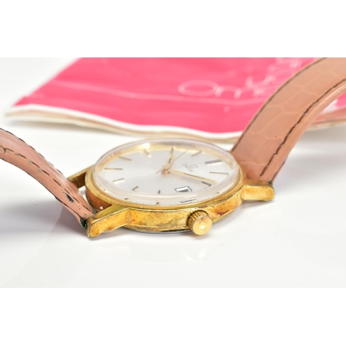 80 - A GOLD PLATED HAND WOUND OMEGA WRISTWATCH, silvered dial, gold coloured baton markers and hands, dat... 