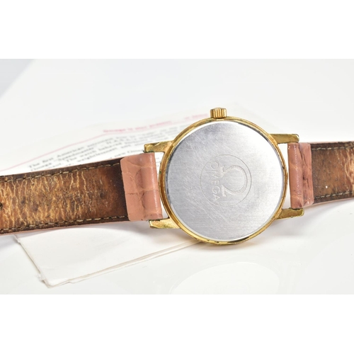 80 - A GOLD PLATED HAND WOUND OMEGA WRISTWATCH, silvered dial, gold coloured baton markers and hands, dat... 