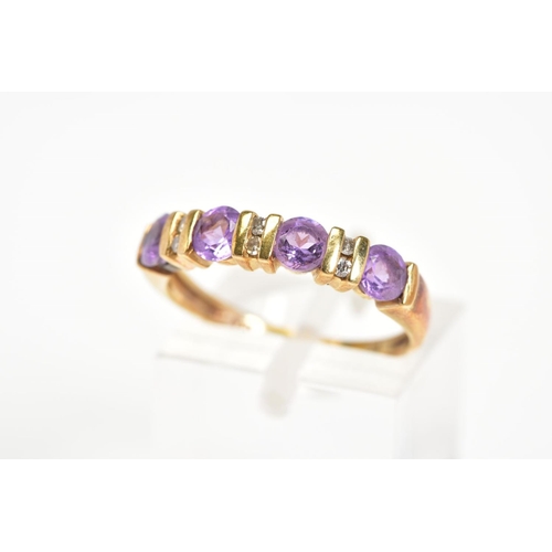 90 - AN AMETHYST AND DIAMOND RING, designed as a line of four circular amethysts with bar spacers set wit... 