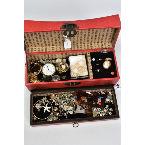 93 - A BOX, OF COSTUME JEWELLERY AND WATCHES, to include a pocket watch, two wristwatches, a pendant watc... 