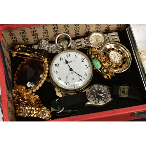 93 - A BOX, OF COSTUME JEWELLERY AND WATCHES, to include a pocket watch, two wristwatches, a pendant watc... 