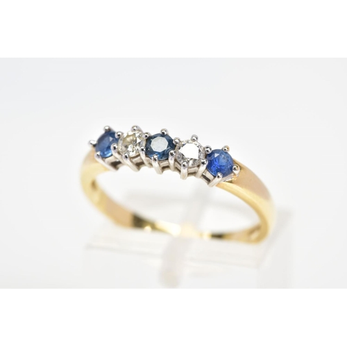 95 - AN 18CT GOLD SAPPHIRE AND DIAMOND FIVE STONE RING, designed as three circular sapphires interspaced ... 