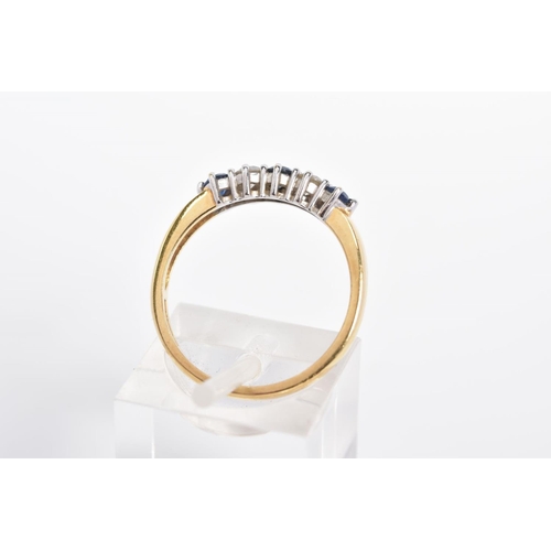 95 - AN 18CT GOLD SAPPHIRE AND DIAMOND FIVE STONE RING, designed as three circular sapphires interspaced ... 