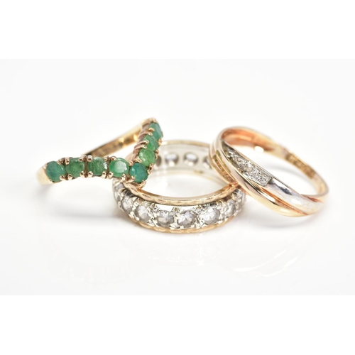 96 - THREE RINGS, comprising a 9ct gold ring set with three single cut diamonds, a 9ct gold v-shape ring ... 