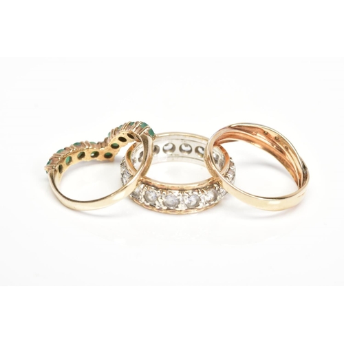 96 - THREE RINGS, comprising a 9ct gold ring set with three single cut diamonds, a 9ct gold v-shape ring ... 