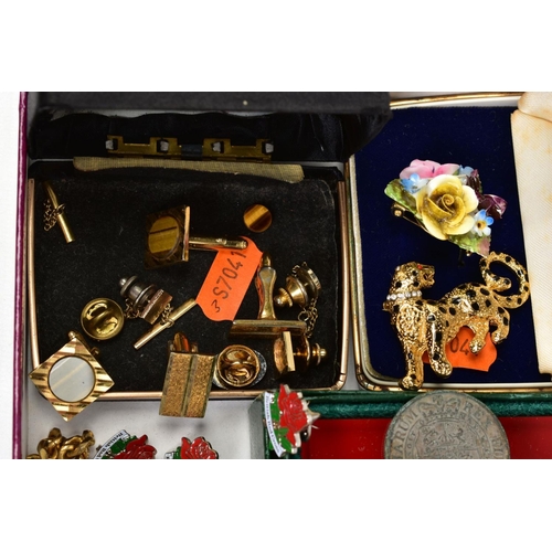 98 - A SELECTION OF COSTUME JEWELLERY, CUFFLINKS AND PINS, to include a Coalport fine bone china flower b... 