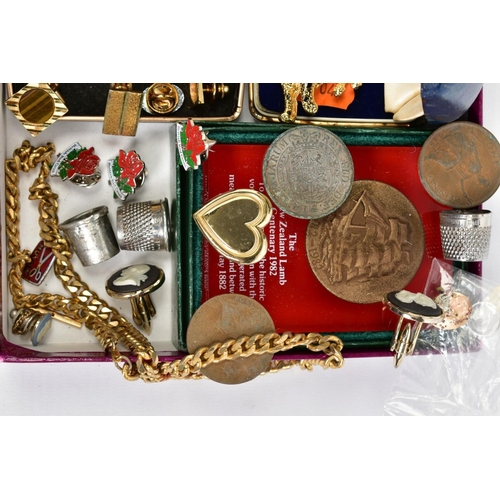 98 - A SELECTION OF COSTUME JEWELLERY, CUFFLINKS AND PINS, to include a Coalport fine bone china flower b... 