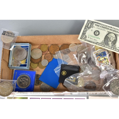 99 - A SMALL BOX OF MAINLY UK COINAGE, to include seven five pound coins, a cased Maria Theresa restrike ... 