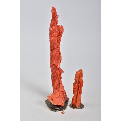 1 - TWO CARVED CORAL FIGURES, each carved to depict an Oriental figure, the first a female amongst folia... 