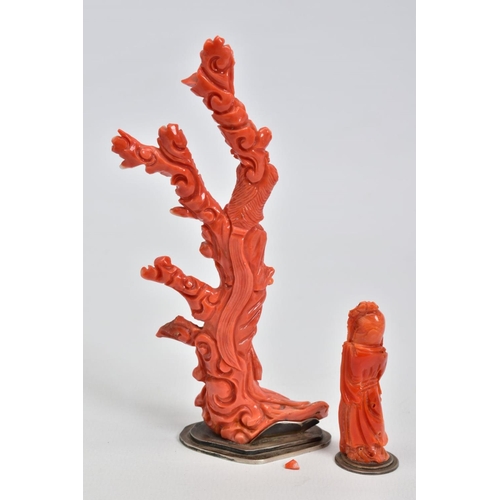 1 - TWO CARVED CORAL FIGURES, each carved to depict an Oriental figure, the first a female amongst folia... 