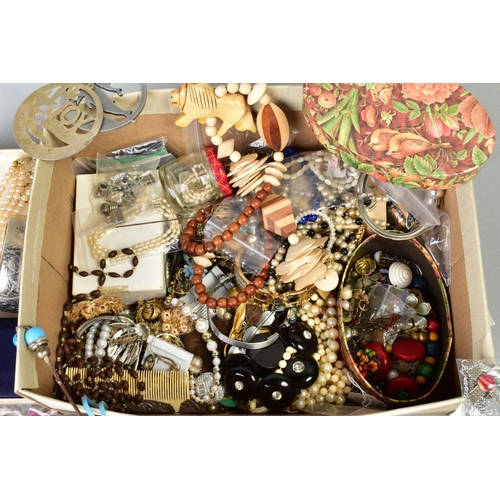 100 - A BOX OF COSTUME JEWELLERY, to include various brooches of floral design, necklaces, bracelets, pend... 