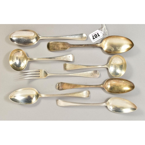 107 - A GROUP OF EIGHT PIECES OF 18TH AND 19TH CENTURY SILVER FLATWARE, comprising two Old English pattern... 