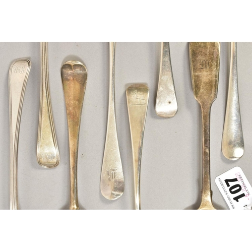 107 - A GROUP OF EIGHT PIECES OF 18TH AND 19TH CENTURY SILVER FLATWARE, comprising two Old English pattern... 