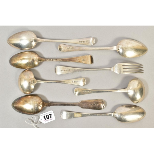 107 - A GROUP OF EIGHT PIECES OF 18TH AND 19TH CENTURY SILVER FLATWARE, comprising two Old English pattern... 