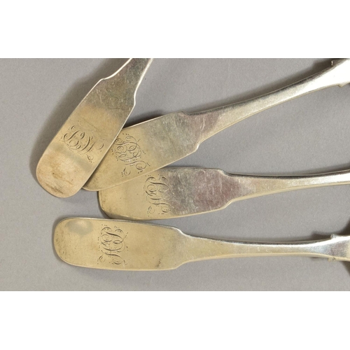 111 - A SET OF FOUR GEORGE III IRISH SILVER FIDDLE PATTERN TEASPOONS, engraved initials, maker Samuel Nevi... 