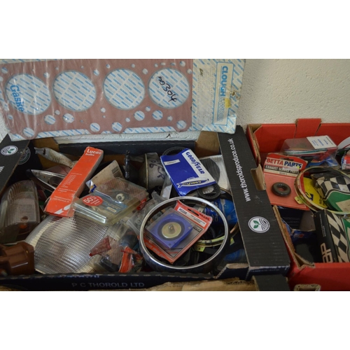 1124 - FIVE TRAYS CONTAINING VINTAGE CAR PARTS and consumables including Distributor Caps, gaskets, Thermos... 