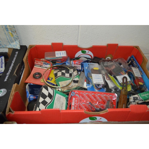 1124 - FIVE TRAYS CONTAINING VINTAGE CAR PARTS and consumables including Distributor Caps, gaskets, Thermos... 