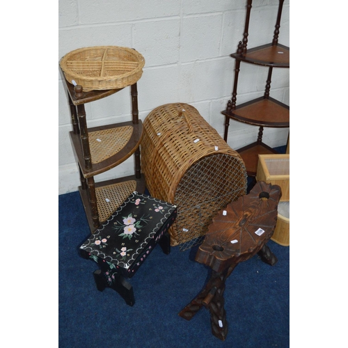 1126 - A QUANTITY OF OCCASIONAL FURNITURE to include a wicker animal basket, two corner whatnots, two stool... 