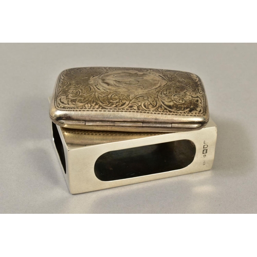 114 - AN EDWARDIAN SILVER MATCHBOX SLEEVE, plain, maker's mark rubbed, London 1908, together with an early... 