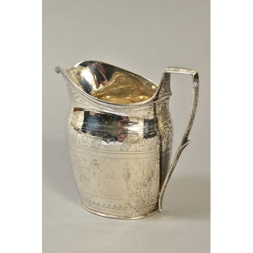 115 - A GEORGE III SILVER HELMET SHAPED CREAM JUG, bright cut decoration, maker's mark partially rubbed, L... 