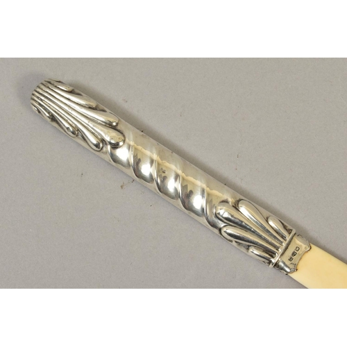 116 - A LATE VICTORIAN SILVER HANDLED IVORY PAGE TURNER, embossed spiral and leaf design, maker Henry Char... 