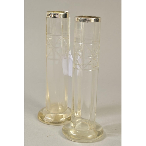 117 - A PAIR OF LATE VICTORIAN CUT GLASS CYLINDRICAL VASES WITH SILVER RIMS, flattened bases, makers AB & ... 