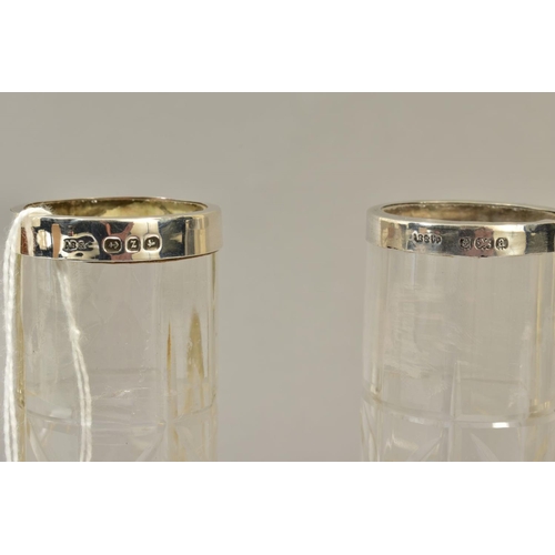 117 - A PAIR OF LATE VICTORIAN CUT GLASS CYLINDRICAL VASES WITH SILVER RIMS, flattened bases, makers AB & ... 