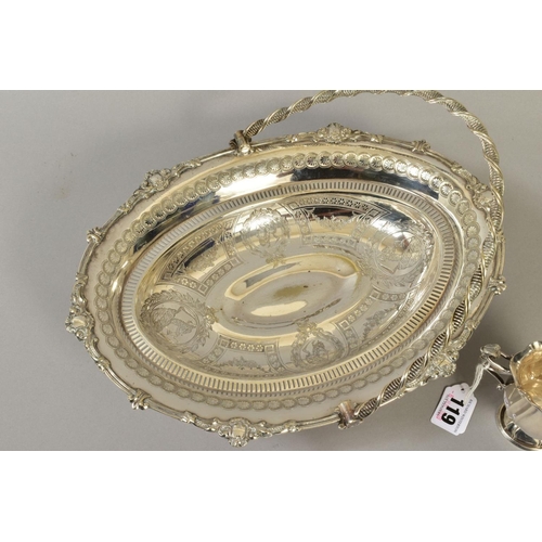 119 - A LATE VICTORIAN SILVER PLATED WALKER & HALL OVAL SWING HANDLED CAKE BASKET, together with a silver ... 