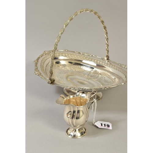 119 - A LATE VICTORIAN SILVER PLATED WALKER & HALL OVAL SWING HANDLED CAKE BASKET, together with a silver ... 