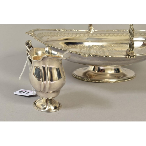 119 - A LATE VICTORIAN SILVER PLATED WALKER & HALL OVAL SWING HANDLED CAKE BASKET, together with a silver ... 