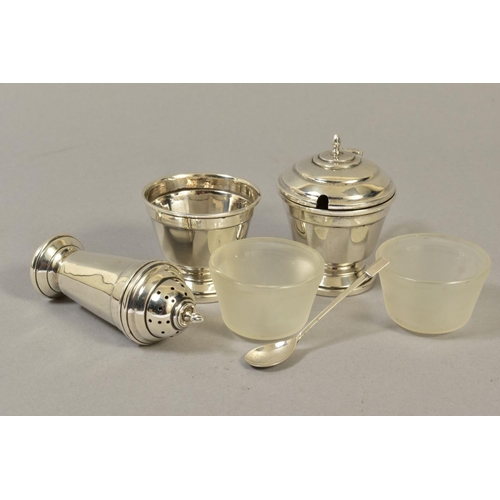 120 - A GEORGE VI SILVER THREE PIECE CRUET SET, of conical form, comprising pepperette, open salt with gla... 